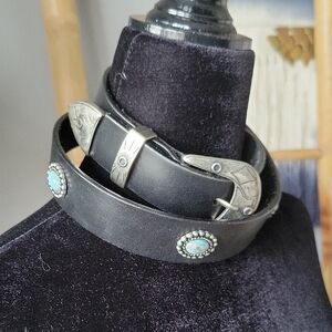 Black Leather Belt with Silver and Turquoise Accents